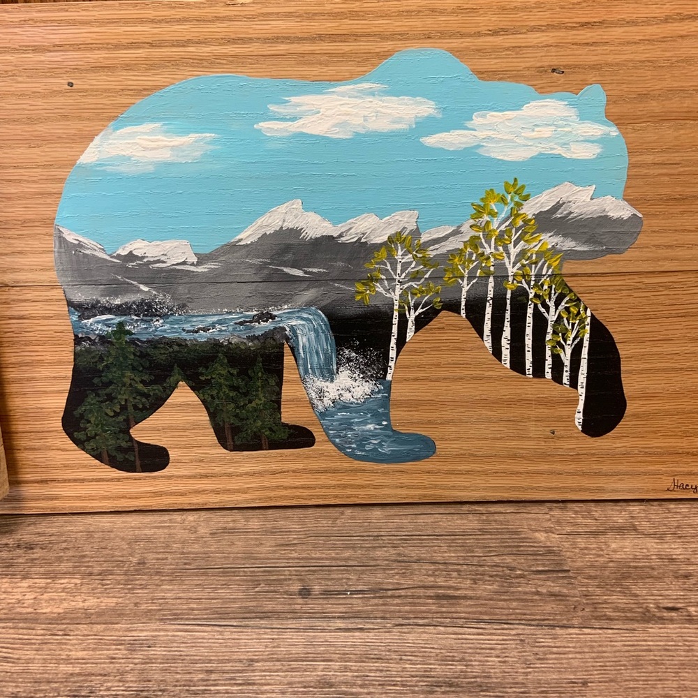 Acrylic painted bear on solid oak wood